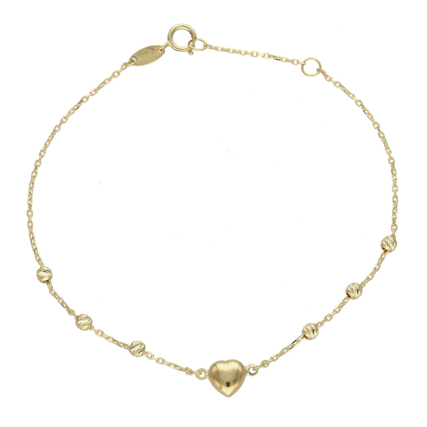 Złota bransoletka celebrytka z serduszkiem i grawerowanymi kuleczkami BR 3844.jpg